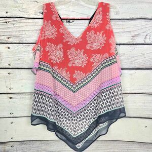 DR2 Coral Boho Print V-Neck Hanky Hem Tank M